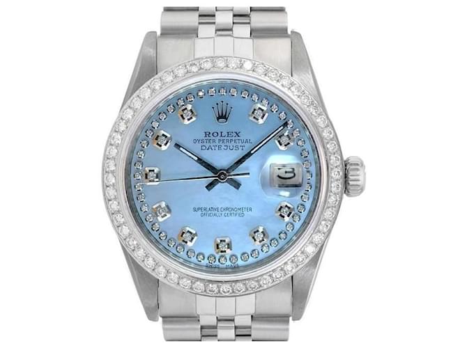 Rolex Ice Blue Mop Mens Datejust Steel Black Diamond Dial Diamond Bezel 36mm Uhr Metall  ref.706475