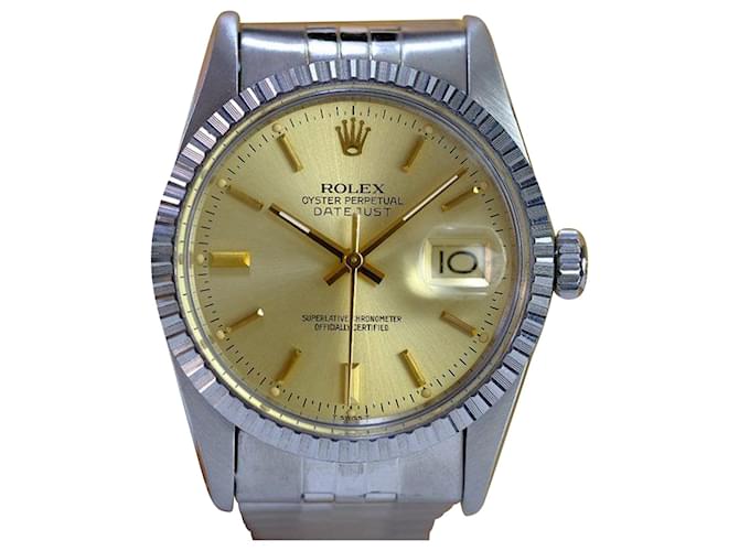 Rolex Mens Datejust Ss 36mm Champagne Dial Engine Turned Bezel 36mm Watch-all Factory  Yellow Metal  ref.706486