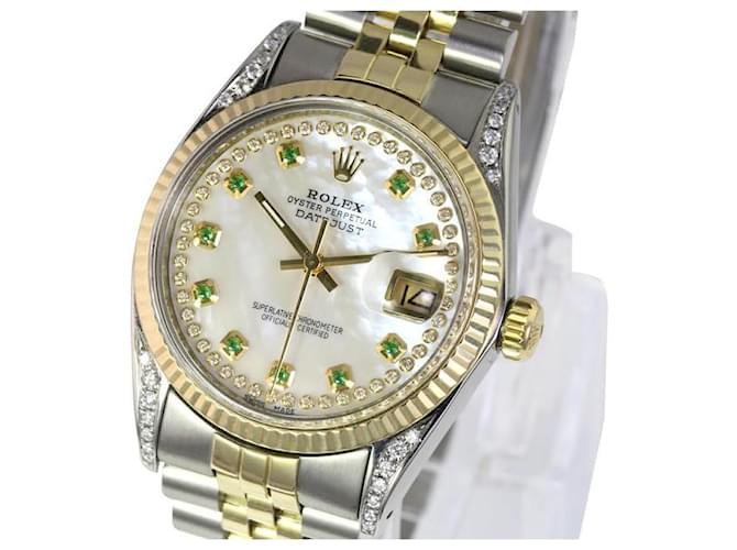 Relógio Rolex White Mop Mens Datejust Dois tons Esmeralda Dial Moldura Canelada 36mm relógio Metal  ref.706487