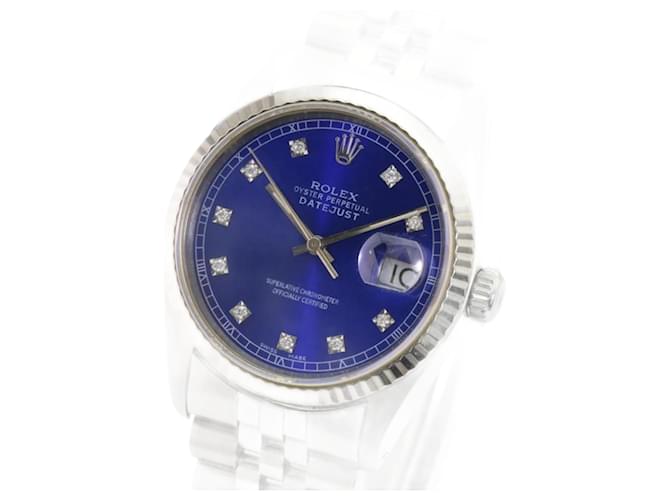 Rolex Blue Mens Datejust Diamond Dial Lunette cannelée 36mm Montre-montre rapide Métal  ref.706489