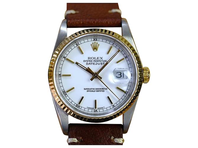 Rolex Datejust Factory White Dial 36mm Leather Watch   ref.706495