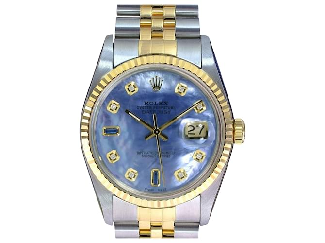 Rolex Mens Datejust 2 Tone Blue Mop Sapphire Dial 18k Fluted Bezel 36mm Watch  Metal  ref.706498