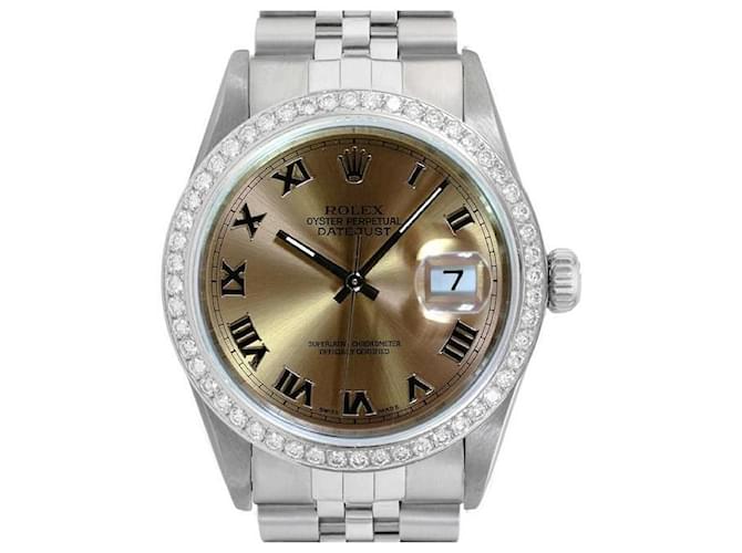 Rolex Salmon Roman Mens Datejust S Steel Blue Dial Diamond Bezel 36mm Watch  Metal  ref.706503