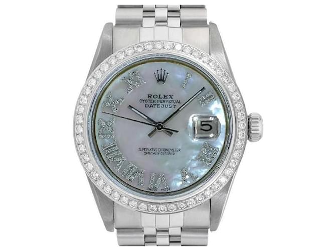 Rolex White Mop Roman Mens Datejust Ss Cadran Diamant Lunette 36montre mm Métal  ref.706525