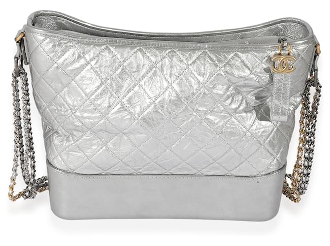 Chanel Silver Quilted Aged Calfskin Large Gabrielle Hobo  Grey Leather Pony-style calfskin  ref.706559