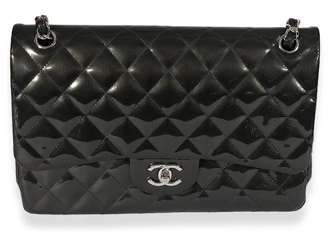 Timeless Chanel Grey Quilted Patent Leather Stripe Jumbo Double Flap Bag  Black  ref.706579
