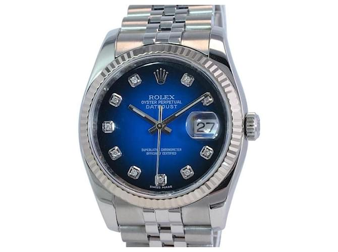 Rolex Blue Vignette Herren Datejust Ss Factory Diamond Dial geriffelte Lünette 36mm Uhr Metall  ref.706595