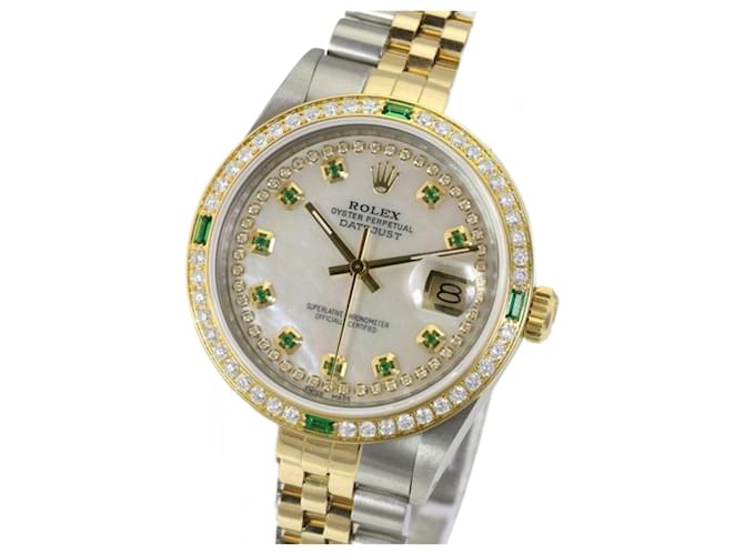 Rolex White Mop Men Datejust 2tone Diamond Emerald Dial Diamond Bezel Watch  Metal  ref.706599