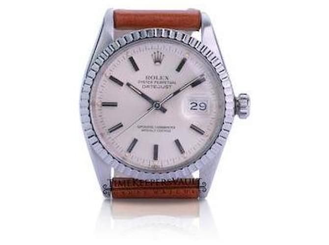 Rolex Mens Datejust Silver Dial Engine Turned Bezel 36mm Leather Band  Grey  ref.706624