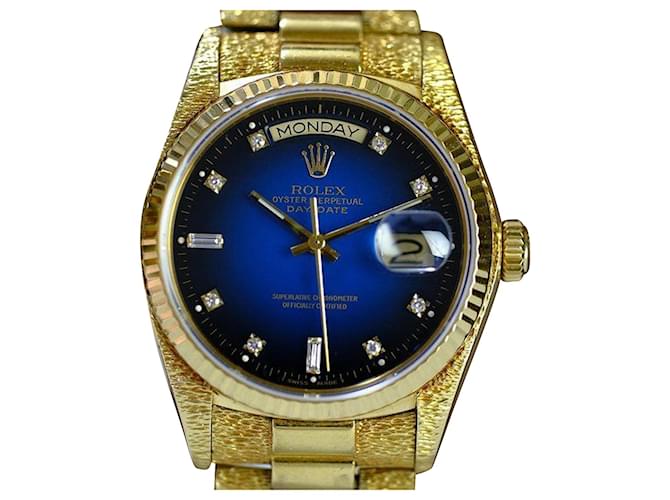 Rolex Mens Day-date Rare Usine Cadran Bleu Vignette 18K GOLD WATCH Métal  ref.706653