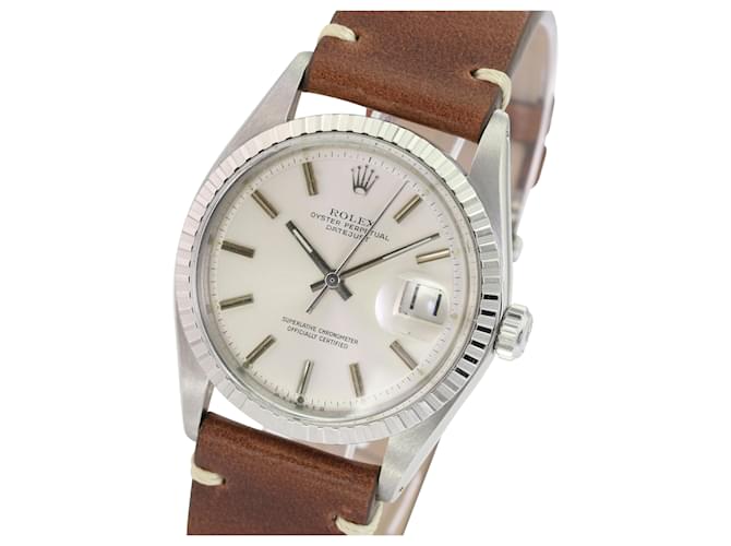 Rolex Mens Datejust Stainless Steel 36mm Silver Dial Engine Turned Bezel Brown Leather Band Watch  Grey  ref.706693