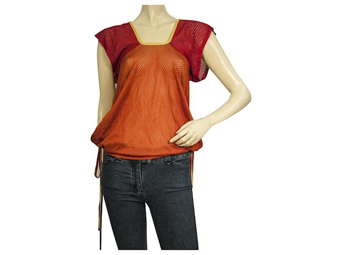 Christian Dior Perforated Orange w. Red Sleeves Blouse T-Shirt Top Size 40 Viscose  ref.706828