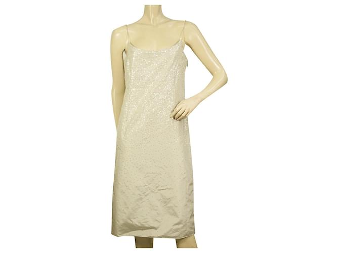 Coleção Donna Karan Vestido off white de seda com lantejoulas na altura do joelho 44 Branco  ref.706845