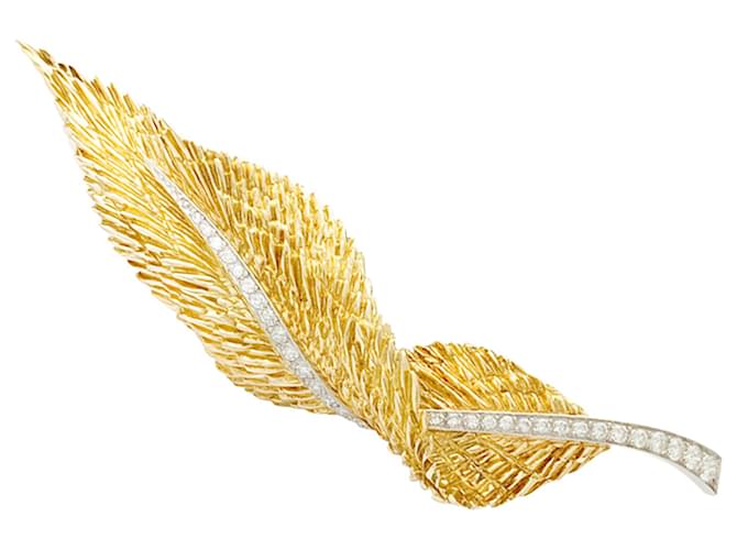 Plume Broche Hermès, "Feather", ouro amarelo, Platina, diamantes.  ref.707051