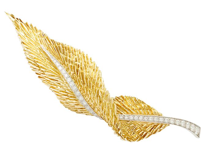 Plume Spilla Hermès, "Feather", giallo oro, Platino, Diamants. Oro giallo Diamante
