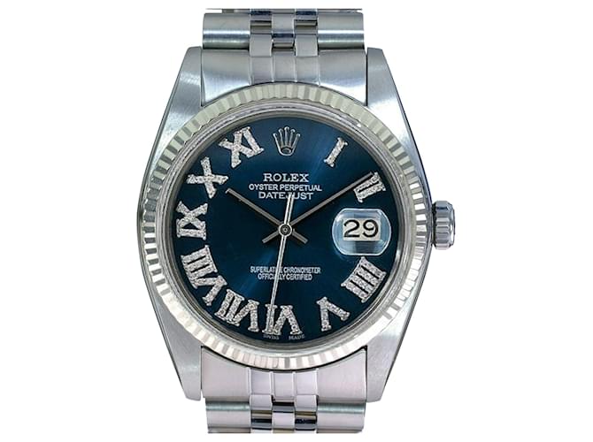 Rolex Mens Datejust Ss 36mm Blue Roman Diamond Dial Fluted Bezel Watch Ref 16014  Metal  ref.707346