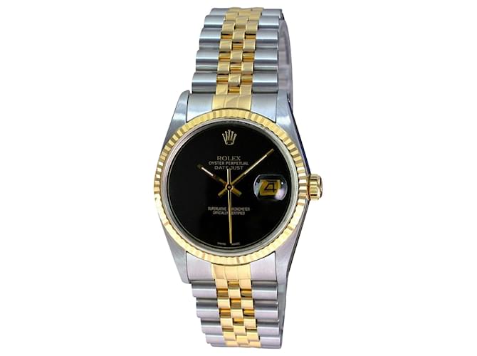 Rolex Mens Datejust Two-tone Black Dial16233 Dial 18k Fluted Bezel 36mm Watch  Metal  ref.707350