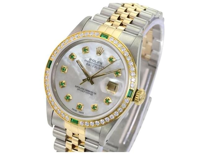 Rolex White Mop Mens Datejust Twotone Emerald Dial Diamond Bezel 36mm Watch  Metal  ref.707356
