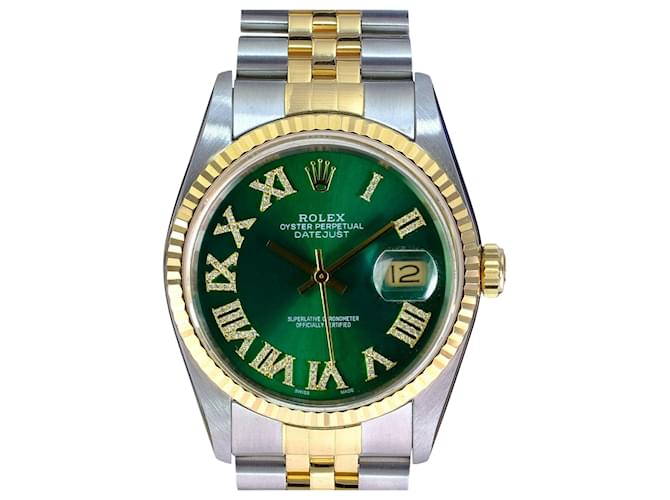 Rolex masculino Datejust bicolor verde romano 16233 Dial 18k Moldura canelada 36mm relógio Metal  ref.707358