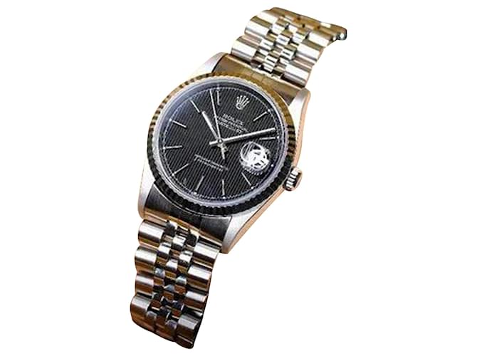 Rolex Men's  Datejust Ss Black Tapestry Dial Fluted Bezel 36mm Watch Ref Metal  ref.707362