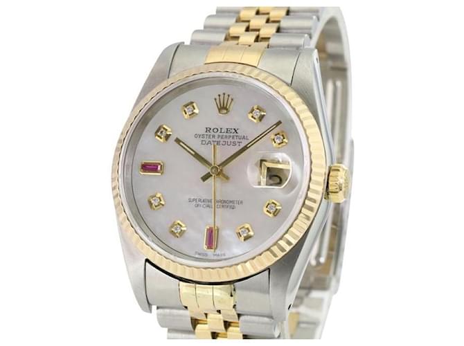 Rolex White Mop Mens Datejust Two-tone Diamond Ruby Dial Bisel estriado Reloj Metal  ref.707363