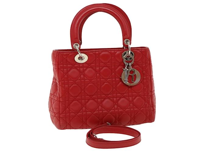 Christian Dior Lady Dior Canage Hand Bag Lamb Skin Red Auth 32628A  ref.707511