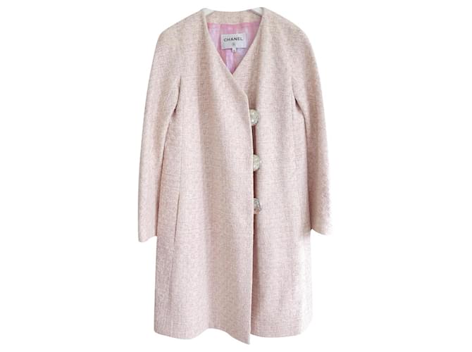 Chanel Spring 2016 Cappotto foderato in tweed rosa irridescente Seta Poliestere  ref.707748