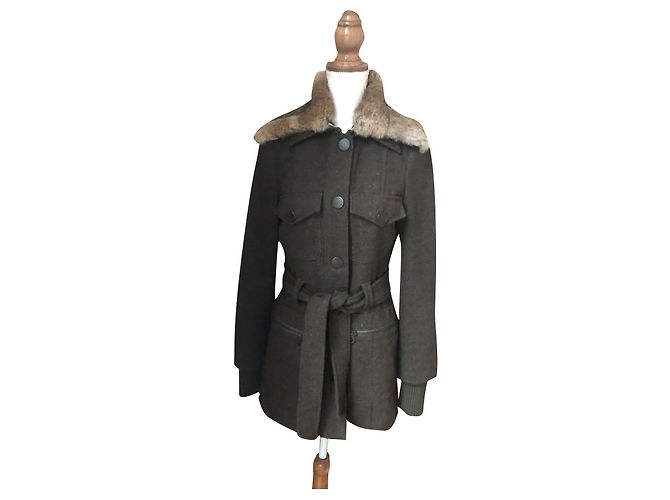 Max & Co Khaki Wool Jacket with Removable Rabbit Collar