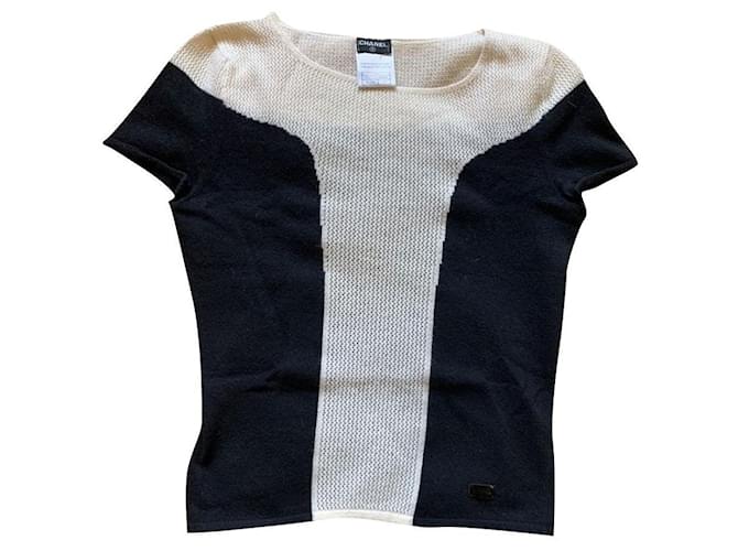 *CHANEL Chanel Ladies Short Sleeve Knitted Shirt Short Sleeve Cut Saw Black Size 38 Beige Cashmere  ref.708041