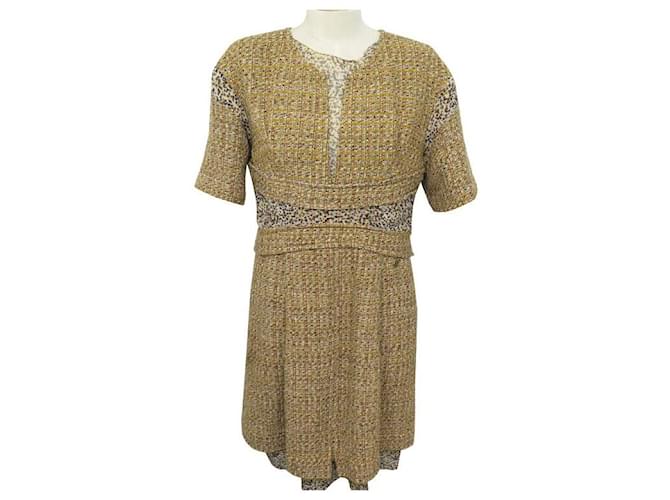 CHANEL P DRESS49821 taille 42 L IN TWEED AND YELLOW SILK DRESS  ref.708450