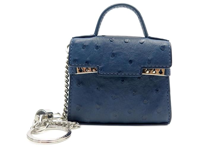 NINE JEWEL FROM DELVAUX MADAME CHARMS BAG STORM OSTRICH LEATHER KEY HOLDER  Blue ref.708475 - Joli Closet