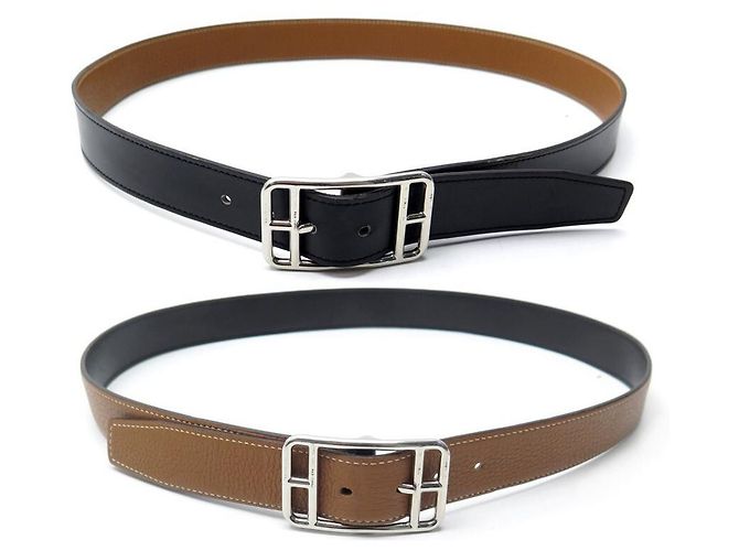 Hermès HERMES CAPE COD T GÜRTEL90 WENDBARER GÜRTEL AUS SCHWARZEM TOGO BROWN BOX-LEDER