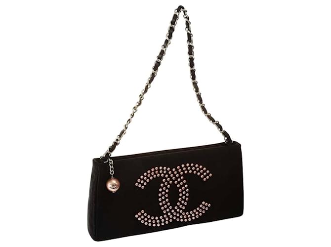 Classique Chanel Black Satin Baguette Pochette Beaded Shoulder Hand Bag de la 2004/2005 Collection Noir Rose  ref.709103