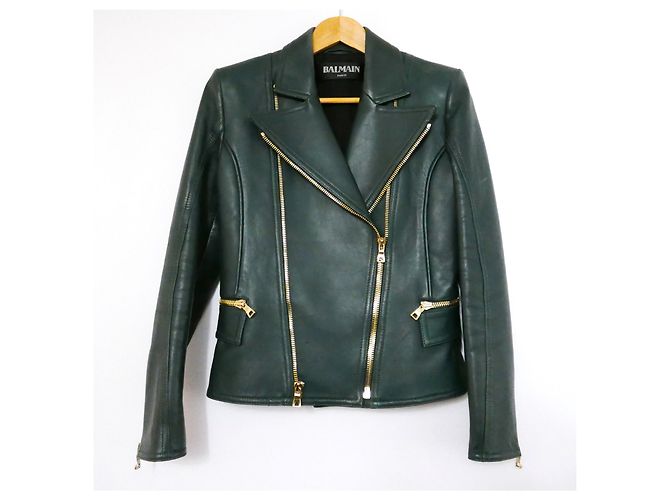 Balmain hunter green leather biker jacket