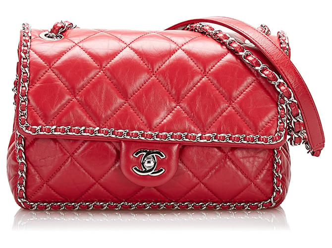 Chanel Red Crumpled Chain All Over Flap  Leather Pony-style calfskin  ref.709232