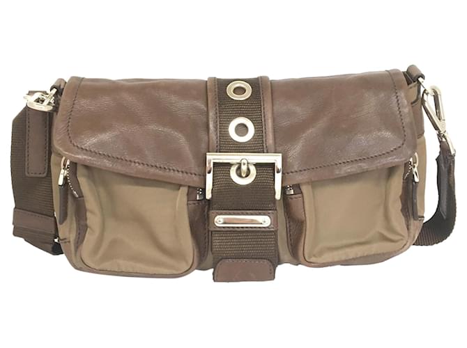 Prada Brown Leather-Trimmed Tessuto Buckle Flap  Nylon Cloth  ref.709252