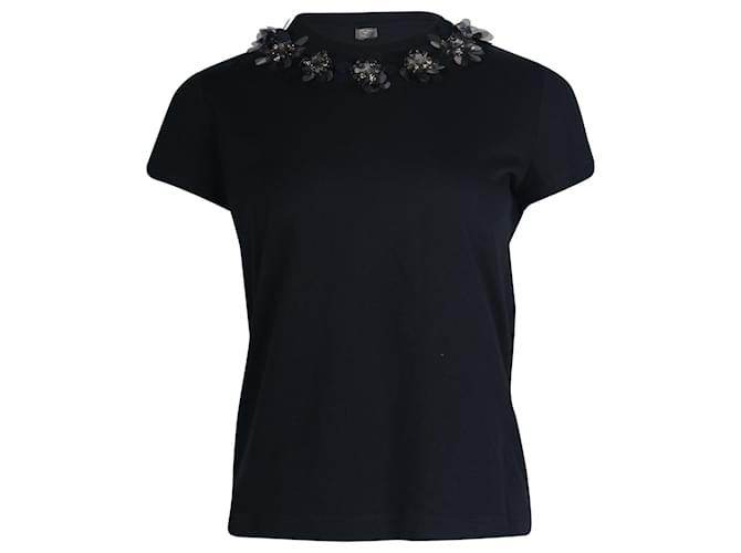 Prada Floral Applique Neckline T-Shirt in Navy Blue Cotton  ref.709595