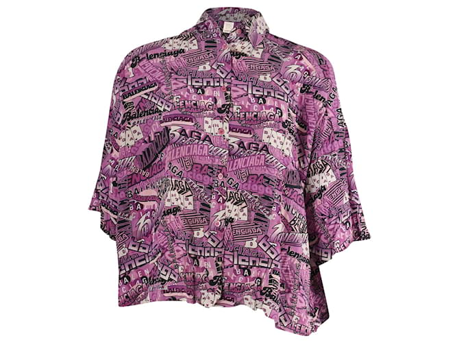 Balenciaga All Over Graphic Print Logo Button Up Shirt in Purple Silk  ref.709634