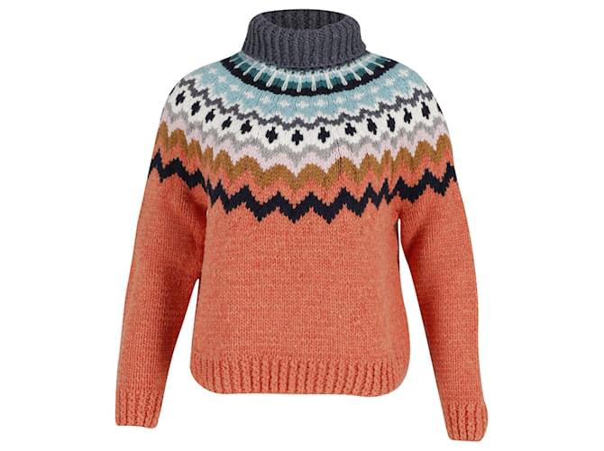 Anya Hindmarch Fair Isle Hand Knit Turtleneck Sweater in Orange Wool  ref.709676