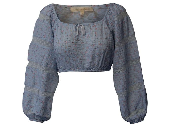 LoveShackFancy Albertina Crop Top mit Blumenmuster aus hellblauer Baumwolle