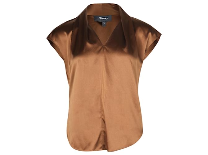 Theory Draped-neck Cap-Sleeve Top in Brown Silk  ref.709726