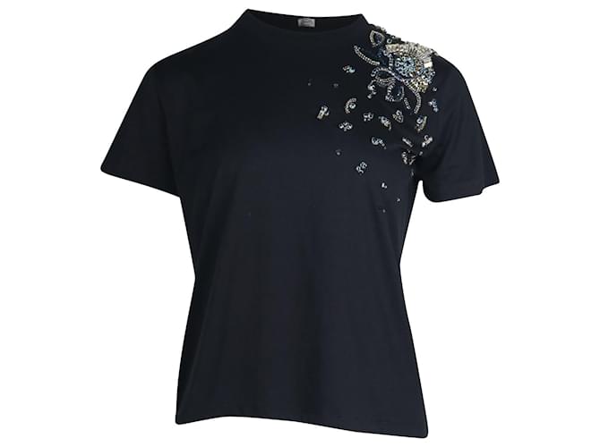 T-shirt à col rond orné Prada en coton noir  ref.709779