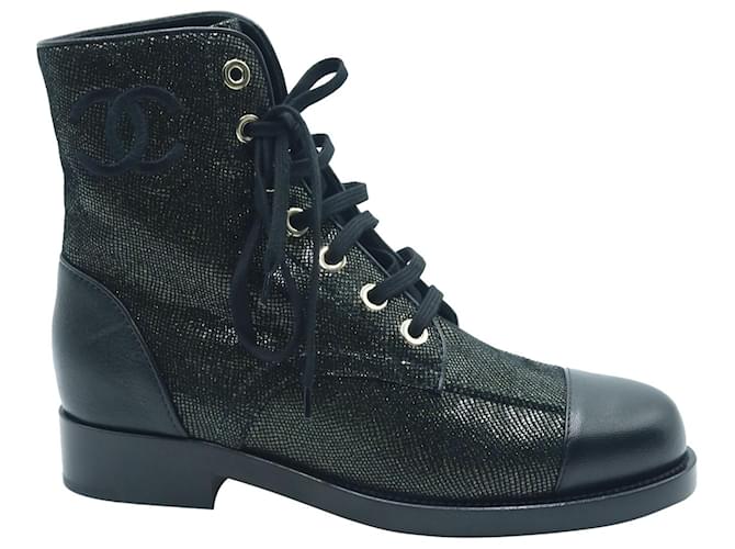 Botas de combate Chanel metálicas com cadarço em couro preto  ref.709825