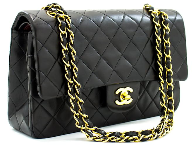 Chanel Classic gefütterte Klappe 10"Chain Shoulder Bag Black Lambskin Schwarz Leder  ref.710295