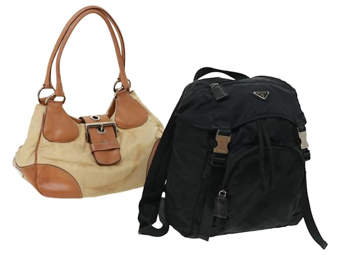 PRADA Backpack Hand Bag Nylon 2Set Beige Brown black Auth bs2786  ref.710495