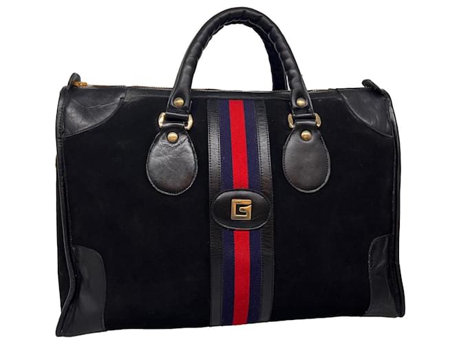 GUCCI Sherry Line Boston Bag Suede Black Red Navy Auth ac1175 Navy blue  ref.710698