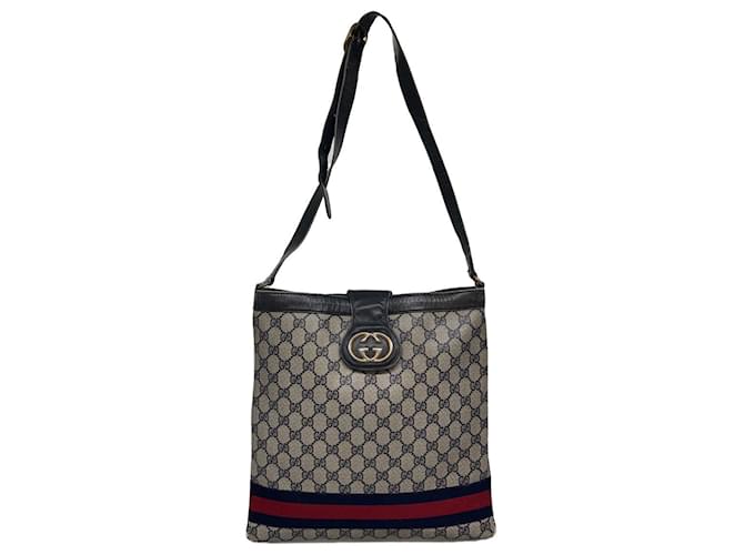 GUCCI GG Canvas Sherry Line Shoulder Bag PVC Leather Beige Red Navy Auth rd3524 Navy blue  ref.710714