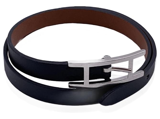 Hermès Hermes Cuero Negro Hapi 2 Pulsera Tour forrada Hebilla de Metal Plateado  ref.711200