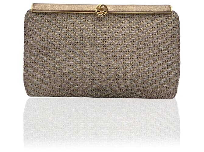 Gucci Rara borsa da sera con pochette in tessuto metallico vintage D'oro Tela  ref.711594