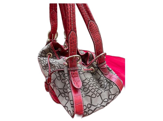 Autre Marque Bolsa de mão vermelha em tela monogramada e couro efeito crocodilo Vermelho Castanho claro